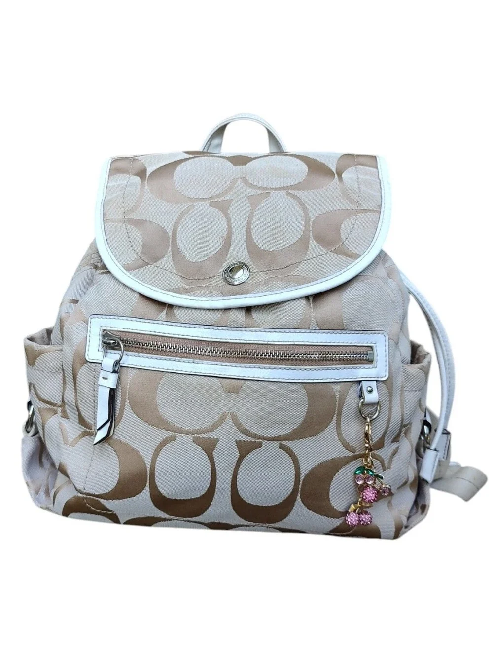 Coach Y2K Signature Beige Canvas Backpack with White Trim